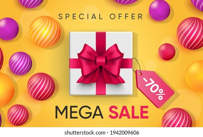 3d poster of Mega Sale realistic design. Special offer to 70 percent discount price tag website background. Shopping, customer gifts, loyalty program. Vector illustration of advertising web banner