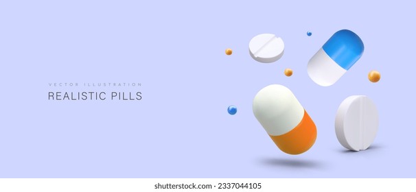 Afiche 3d con medicina realista. Pastillas redondas realistas, cápsulas en diferentes posiciones. Página web de la farmacia en línea. Ilustración vectorial con fondo púrpura