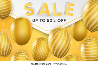 3d poster of Sale to 50 percent off with yellow balloons in realistic design. Discount price offer. Flyer template for shop promotion website background. Vector illustration of advertising web banner