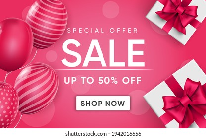 3d poster of Sale to 50 percent discount prices in realistic design. Special Offer to Shop Now concept. Flyer template for promotion website background. Vector illustration of advertising web banner