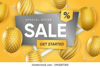 3d poster of Sale get started realistic design. Special offer with discount price to 50 percent off. Promotional flyer template shop website background. Vector illustration of advertising web banner