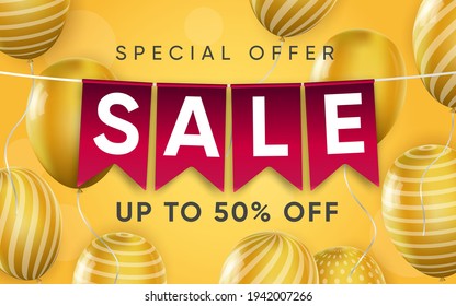 3d poster of Sale text hanging on pink labels in realistic design. Discount price to 50 percent off. Flyer template for website background with balloons. Vector illustration of advertising web banner