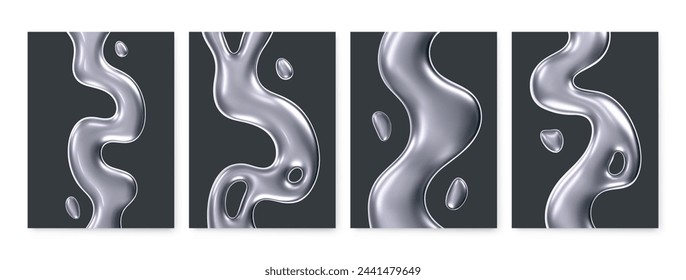 3D poster set with chrome liquid waves isolated on dark background. Render of collection fluid metal ribbon backgrounds with reflection effect flying in motion. 3d vector cyber chromemorphism poster