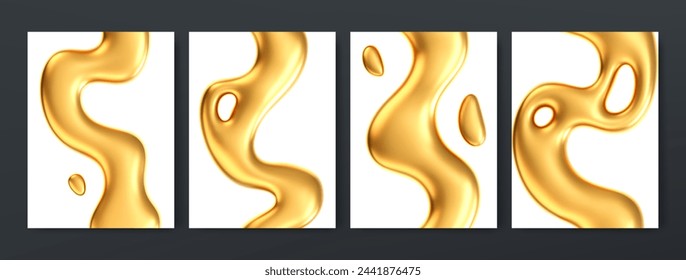 3D poster set with gold liquid waves isolated on white background. Render of collection fluid golden ribbon backgrounds with reflection effect flying in motion. 3d vector cyber chromemorphism poster