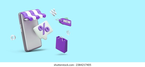 3d poster with shopping bag, tag, item with percent and smartphone. Advertising poster for online shopping in supermarket concept. Vector illustration with place for text