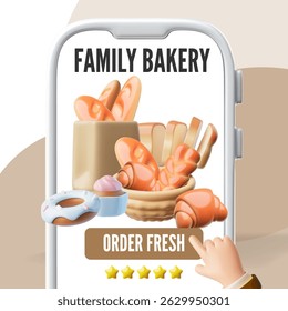 3D poster of smartphone screen with pastries and hand pressing online order button. Family bakery. Application. Fresh bread, buns, muffin delivery. Five stars. Vector cartoon illustration.