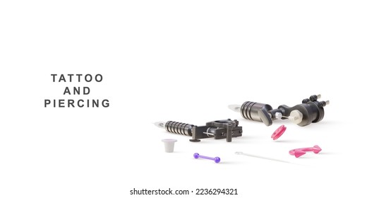 3d poster tattoo and piercing, piercing, tattoo machine, Tattoo Needles and tattoo plastic jar. Vector illustration.