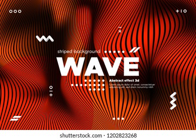 3d Poster with Wave Stripes. Abstract Linear Background with Ripple. Flow Banner with Distortion and Movement of Surface. Modern Orange Template for Business, Web Design. Distorted Waves Concept.