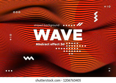 3d Poster with Wave Stripes. Abstract Linear Background with Ripple. Flow Banner with Distortion and Movement of Surface. Modern Orange Template for Business, Web Design. Distorted Waves Concept.