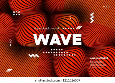 3d Poster with Wave Stripes. Abstract Linear Background with Ripple. Flow Banner with Distortion and Movement of Surface. Modern Orange Template for Business, Web Design. Distorted Waves Concept.