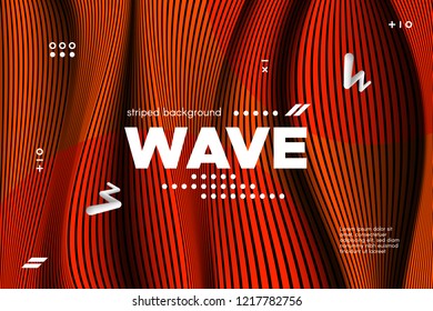 3d Poster with Wave Stripes. Abstract Linear Background with Ripple. Flow Banner with Distortion and Movement of Surface. Modern Orange Template for Business, Web Design. Distorted Waves Concept.