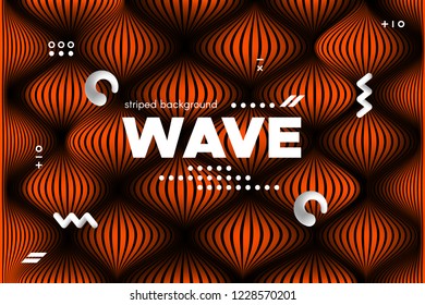 3d Poster with Wave Stripes. Abstract Linear Background with Ripple. Flow Banner with Distortion and Movement of Surface. Modern Orange Template for Business, Web Design. Distorted Waves Concept.