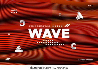 3d Poster with Wave Stripes. Abstract Linear Background with Ripple. Flow Banner with Distortion and Movement of Surface. Modern Orange Template for Business, Web Design. Distorted Waves Concept.