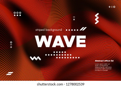 3d Poster with Wave Stripes. Abstract Linear Background with Ripple. Flow Banner with Distortion and Movement of Surface. Modern Orange Template for Business, Web Design. Distorted Waves Concept.
