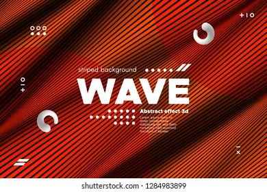 3d Poster with Wave Stripes. Abstract Linear Background with Ripple. Flow Banner with Distortion and Movement of Surface. Modern Orange Template for Business, Web Design. Distorted Waves Concept.