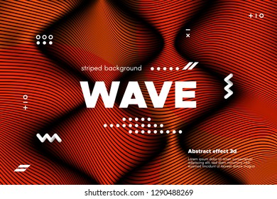3d Poster with Wave Stripes. Abstract Linear Background with Ripple. Flow Banner with Distortion and Movement of Surface. Modern Orange Template for Business, Web Design. Distorted Waves Concept.