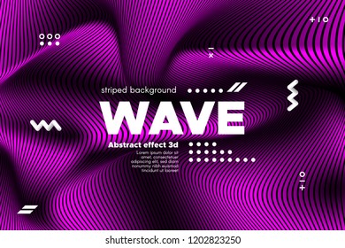 3d Poster with Wave Stripes. Flow Background with Distortion and Movement of Surface. Abstract Linear Banner with Ripple. Modern Striped Template in Magenta Colors for Business, Web Design, Flyer.