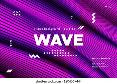 3d Poster with Wave Stripes. Flow Background with Distortion and Movement of Surface. Abstract Linear Banner with Ripple. Modern Striped Template in Magenta Colors for Business, Web Design, Flyer.