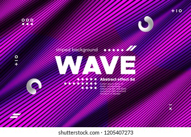 3d Poster with Wave Stripes. Flow Background with Distortion and Movement of Surface. Abstract Linear Banner with Ripple. Modern Striped Template in Magenta Colors for Business, Web Design, Flyer.