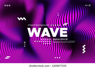 3d Poster with Wave Stripes. Flow Background with Distortion and Movement of Surface. Abstract Linear Banner with Ripple. Modern Striped Template in Magenta Colors for Business, Web Design, Flyer.