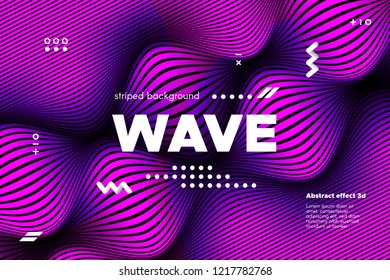 3d Poster with Wave Stripes. Flow Background with Distortion and Movement of Surface. Abstract Linear Banner with Ripple. Modern Striped Template in Magenta Colors for Business, Web Design, Flyer.