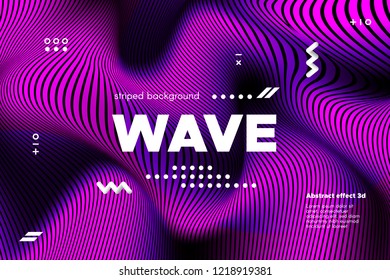 3d Poster with Wave Stripes. Flow Background with Distortion and Movement of Surface. Abstract Linear Banner with Ripple. Modern Striped Template in Magenta Colors for Business, Web Design, Flyer.