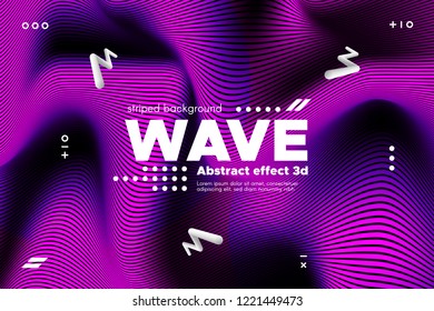 3d Poster with Wave Stripes. Flow Background with Distortion and Movement of Surface. Abstract Linear Banner with Ripple. Modern Striped Template in Magenta Colors for Business, Web Design, Flyer.