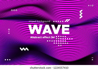 3d Poster with Wave Stripes. Flow Background with Distortion and Movement of Surface. Abstract Linear Banner with Ripple. Modern Striped Template in Magenta Colors for Business, Web Design, Flyer.