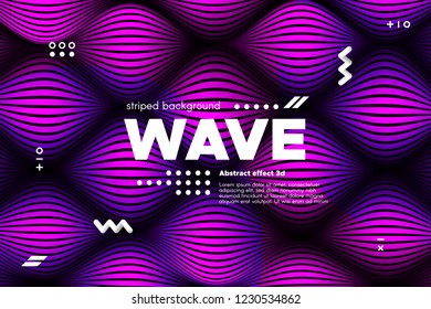 3d Poster with Wave Stripes. Flow Background with Distortion and Movement of Surface. Abstract Linear Banner with Ripple. Modern Striped Template in Magenta Colors for Business, Web Design, Flyer.