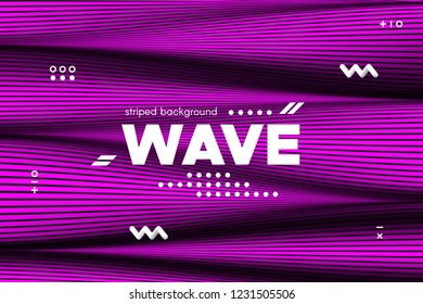 3d Poster with Wave Stripes. Flow Background with Distortion and Movement of Surface. Abstract Linear Banner with Ripple. Modern Striped Template in Magenta Colors for Business, Web Design, Flyer.