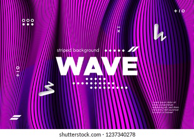 3d Poster with Wave Stripes. Flow Background with Distortion and Movement of Surface. Abstract Linear Banner with Ripple. Modern Striped Template in Magenta Colors for Business, Web Design, Flyer.