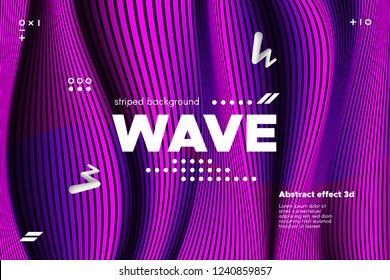 3d Poster with Wave Stripes. Flow Background with Distortion and Movement of Surface. Abstract Linear Banner with Ripple. Modern Striped Template in Magenta Colors for Business, Web Design, Flyer.