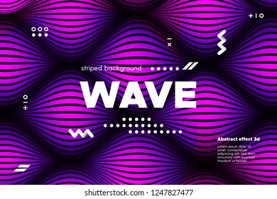 3d Poster with Wave Stripes. Flow Background with Distortion and Movement of Surface. Abstract Linear Banner with Ripple. Modern Striped Template in Magenta Colors for Business, Web Design, Flyer.