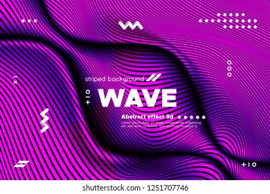 3d Poster with Wave Stripes. Flow Background with Distortion and Movement of Surface. Abstract Linear Banner with Ripple. Modern Striped Template in Magenta Colors for Business, Web Design, Flyer.