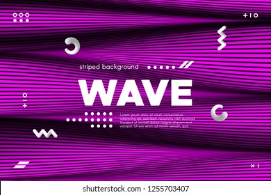 3d Poster with Wave Stripes. Flow Background with Distortion and Movement of Surface. Abstract Linear Banner with Ripple. Modern Striped Template in Magenta Colors for Business, Web Design, Flyer.