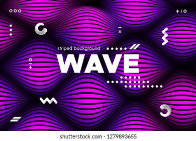3d Poster with Wave Stripes. Flow Background with Distortion and Movement of Surface. Abstract Linear Banner with Ripple. Modern Striped Template in Magenta Colors for Business, Web Design, Flyer.