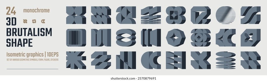 3d Postmodern abstract geometric graphic elements, Brutalist vector shapes, Refraction and distortion glass effect various form, isometric trendy design symbols in Y2K aesthetics