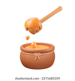 3d pot with honey and stick with liquid nectar. Wooden dipper with syrup, golden blob, ceramic jar. Honey keeping element. Vector illustration. Healthy summer food in plastic style. Isolated object.