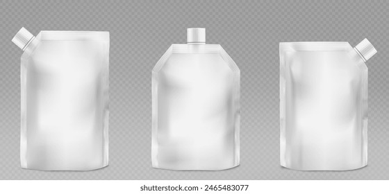 Bolsas 3D conjunto aislado sobre fondo transparente. Ilustración realista de Vector de doypacks blancos con tapa de plástico, espacio en blanco para la marca, paquete de papel de aluminio para alimentos, sustancia líquida, recarga de jabón