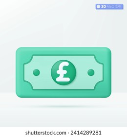 3d pound sterling bill icon symbol. green paper bill, Cash, interest rate, business and finance, investment, financial, payment concept. 3D vector isolated illustration, Cartoon pastel Minimal style