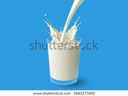 3d pouring milk into glass with splashes  background vector illustration, dairy liquid in motion, healthy drink concept