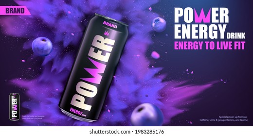 3d power drink banner ad with explosion effect and blueberries flying on the dark purple background