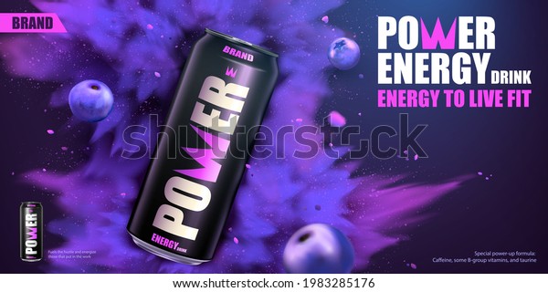 3d power drink banner ad\
with explosion effect and blueberries flying on the dark purple\
background