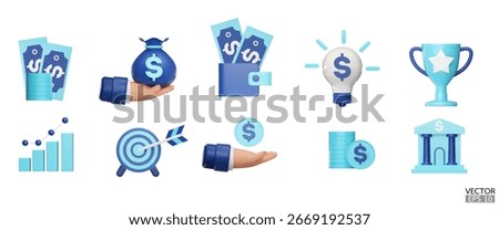 3D premium Business icon set. Money icon .Finance, banking, savings, expense, income, loan, statement, payment, wallet, financial management. 3D vector illustration