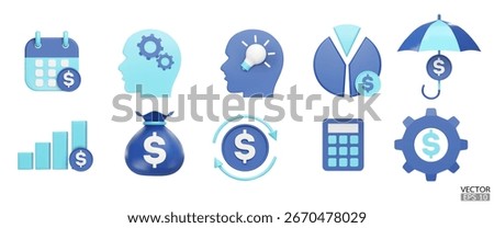 3D premium Business icon set. Money icon. Finance, banking, savings, expense, income, loan, statement, payment, exchanging, calculator, planning, financial management. 3D vector illustration