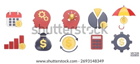 3D premium Business icon set. Money icon. Finance, banking, savings, expense, income, loan, statement, payment, exchanging, calculator, planning, financial management. 3D vector illustration