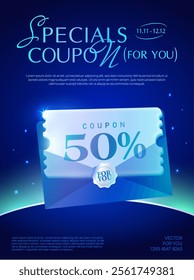 3d premium coupon inside an envelope with CTA button, percent price off, coupon code, isolated on deep blue background with glowing light effect. Luxurious Gift voucher banner template in 3d vector