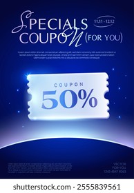 3d premium coupon isolated on deep blue background with glowing effect. Platinum gift voucher with coupon code for special sale off promotion in 3d vector