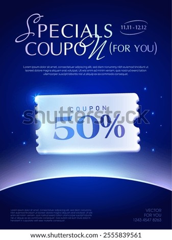 3d premium coupon isolated on deep blue background with glowing effect. Platinum gift voucher with coupon code for special sale off promotion in 3d vector