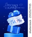 3d premium platinum coupon with coupon code, percent price off inside an opened gift box, on a stage, isolated on dark background with star effect. Gift voucher banner in 3d vector